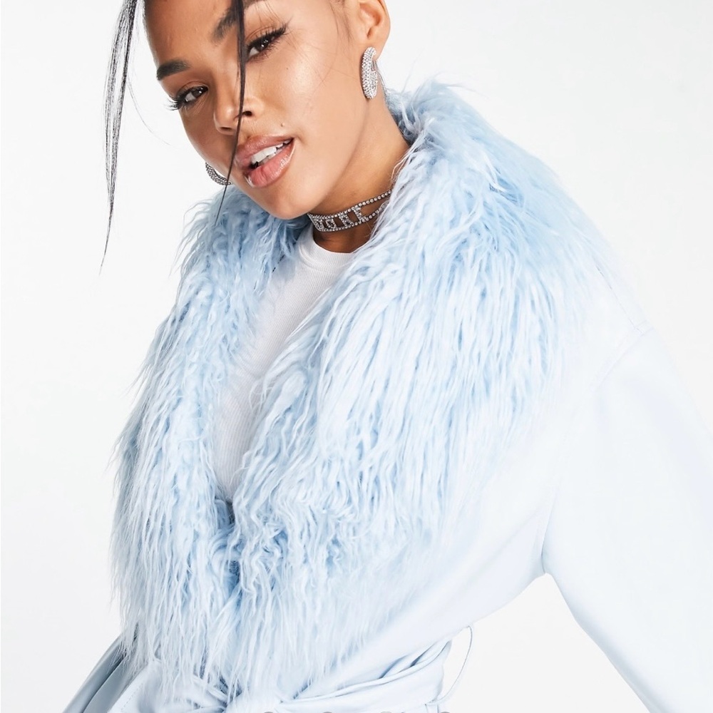 ASOS Sky Blue Leather Jacket with Plush Fur